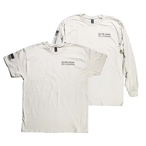 Elite Iron T-shirt front. Short and long sleeve white